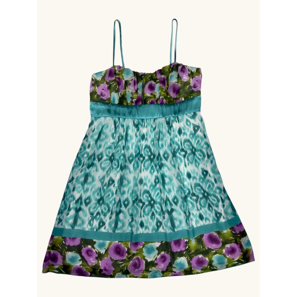 JFW Jennifer Wood Teal Floral Ikat Empire Waist Mini Dress Spaghetti Strap L